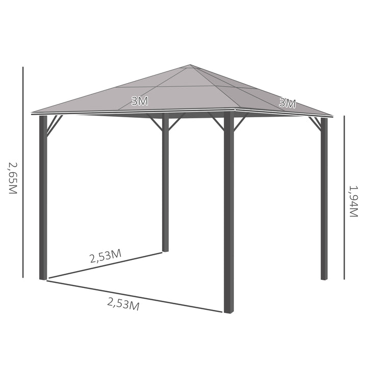 Solrigt lysthus med polycarbonattag, gardiner med fluenet, aluminiumsramme, mørkegrå, 3 x 3 m