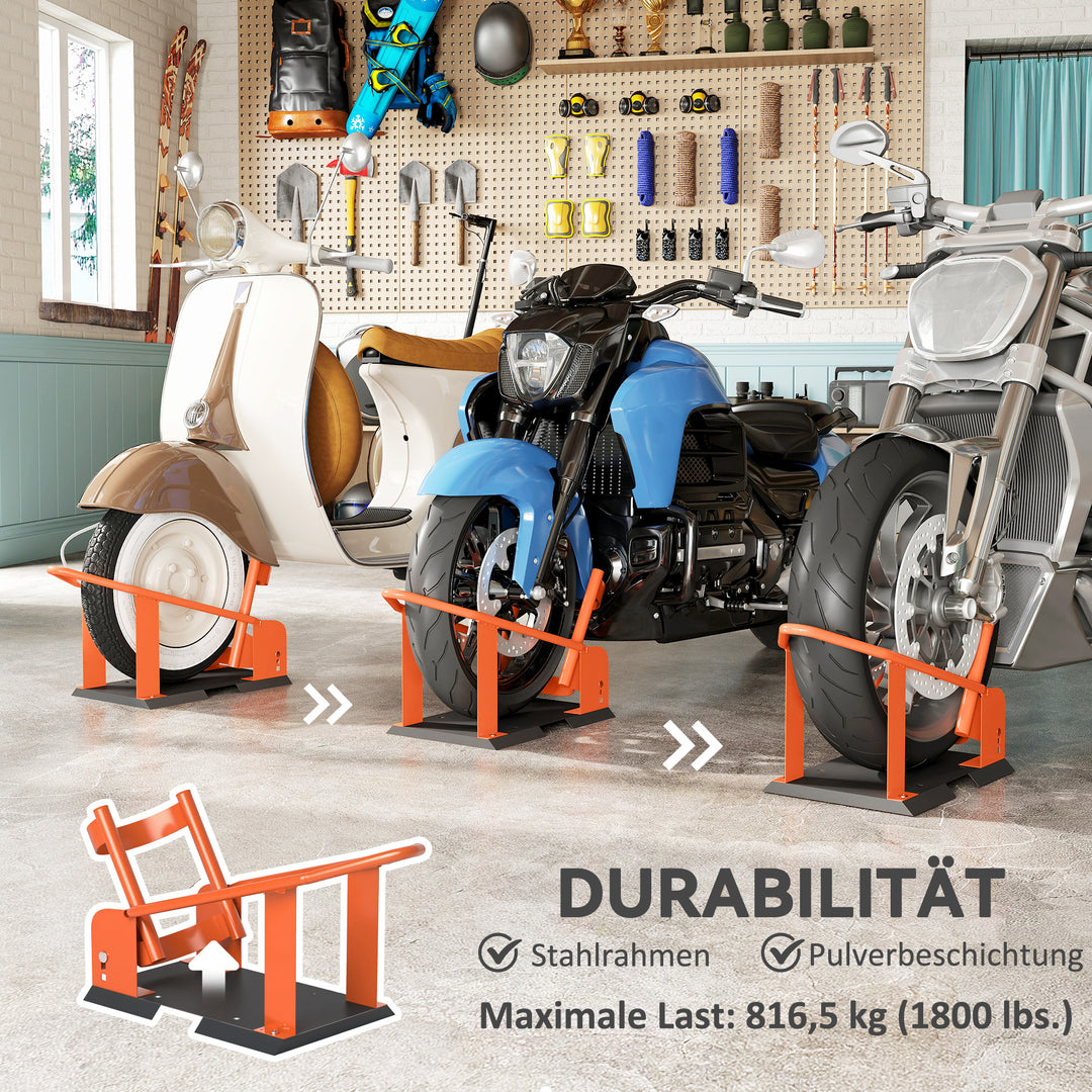 Motorcykelstativ til 15-21", 381-533,4 mm forhjul, justerbar motorcykelvippe, 816,5 kg lasteevne, orange