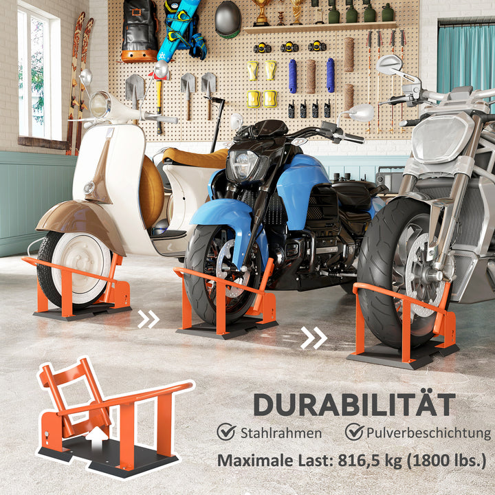 Motorcykelstativ til 15-21", 381-533,4 mm forhjul, justerbar motorcykelvippe, 816,5 kg lasteevne, orange