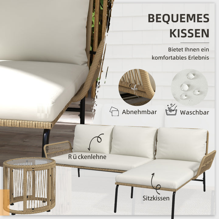 Polyrattan havemøbelsæt, 3 dele, med liggestol, to-personers sofa, aftageligt sofabord, hynder i naturhvid og cremehvid.