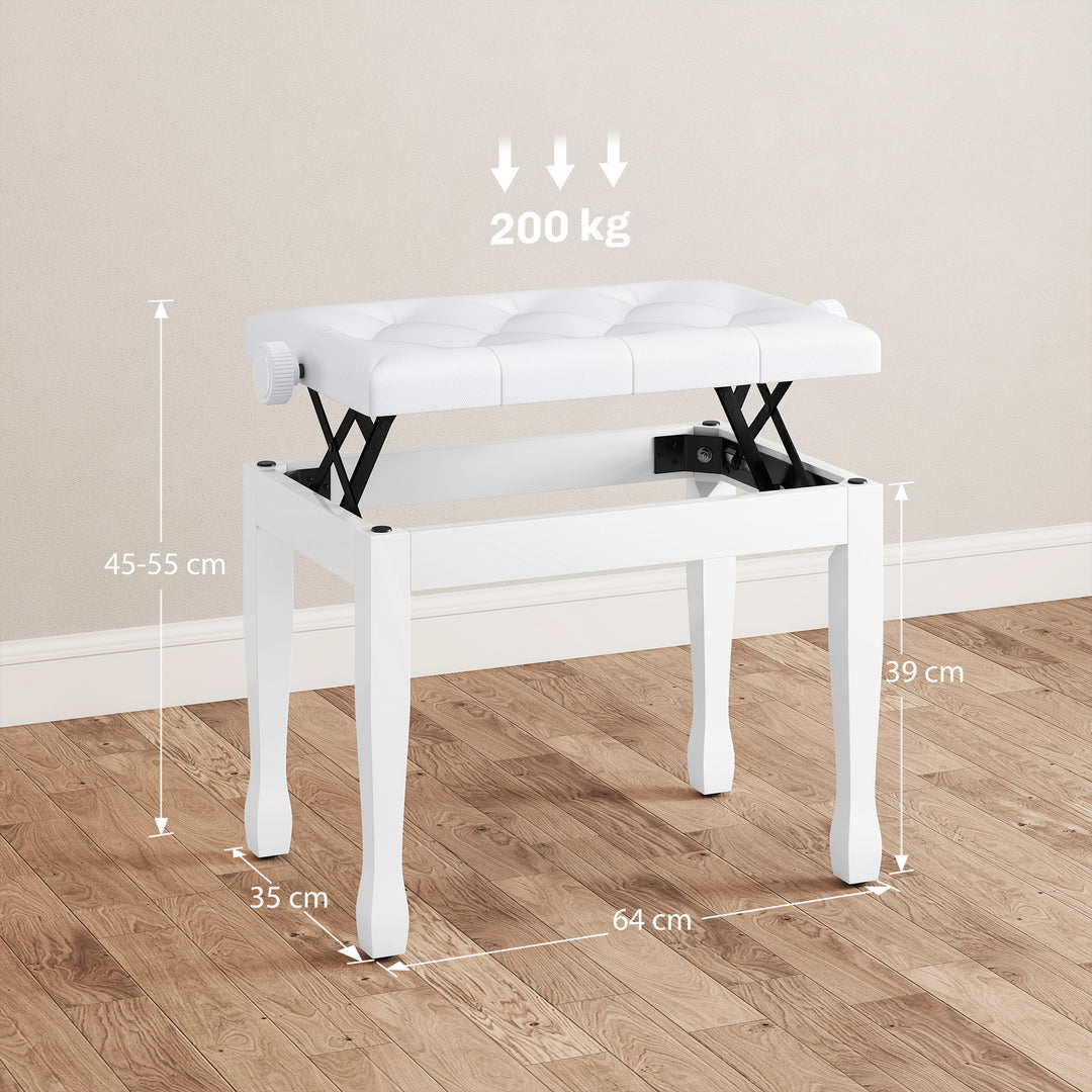Højdejusterbar klaverstol/bænk med kunstlæderhynde til klaver og keyboard, 64 x 35 x 45-55 cm, hvid