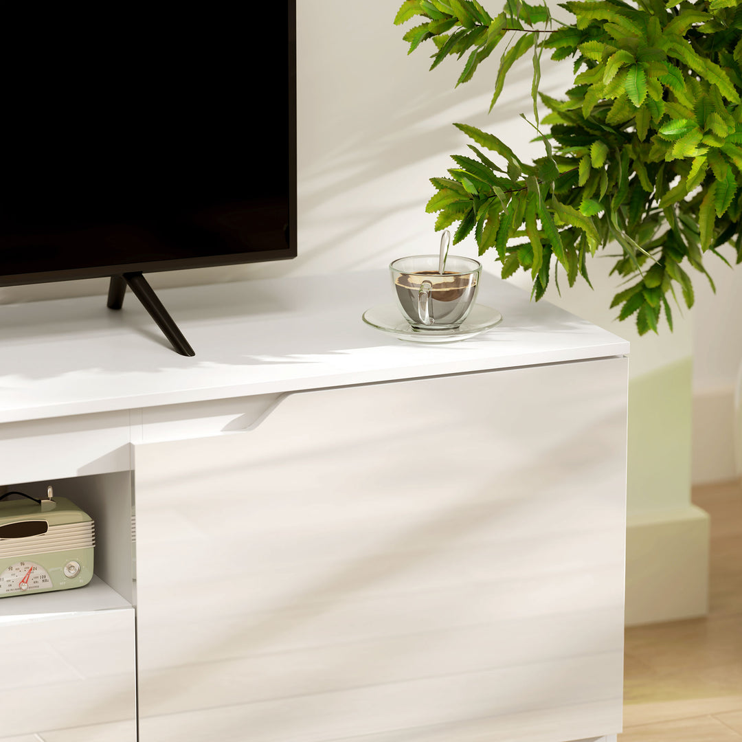 Tv-lavbord, højglans, til tv op til 65'', 3 rum, skuffe, 160 x 38 x 43 cm, hvid