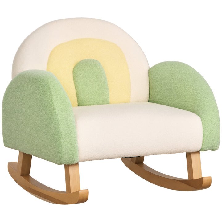 Gyngestol til småbørn sødt design, imiteret fåreskind, eukalyptustræ grøn + gul beige