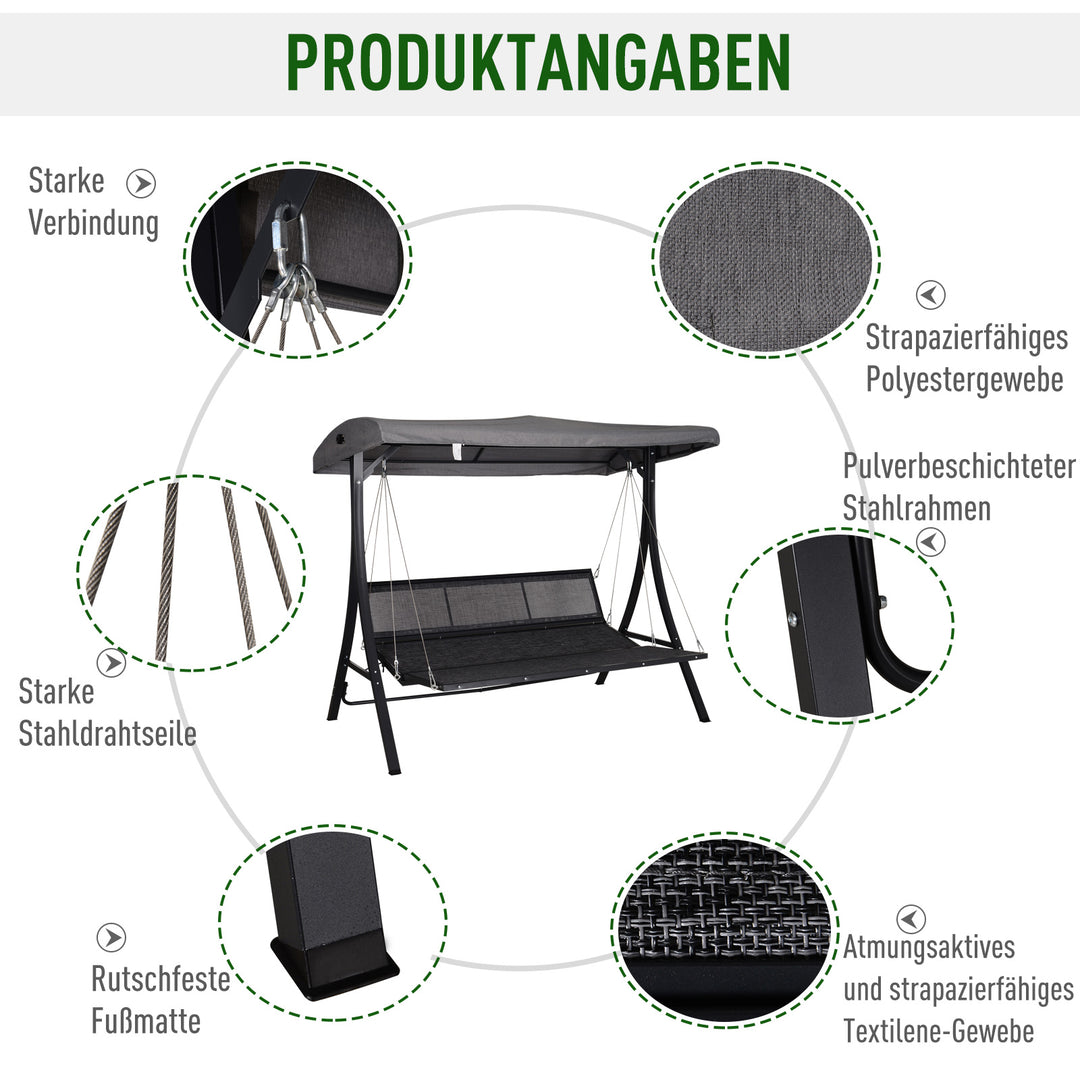 Hollywood gynge, 3-personers, inklusive hynder, vejrbestandig, 200 cm x 115 cm x 168 cm, grå
