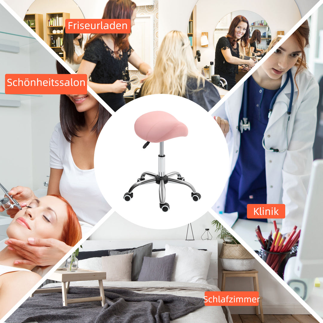 Højdejusterbar rulleskammel (49-61 cm), 360° drejelig arbejdsskammel, kontorskammel til kontor, salon, massage, spa, lyserød