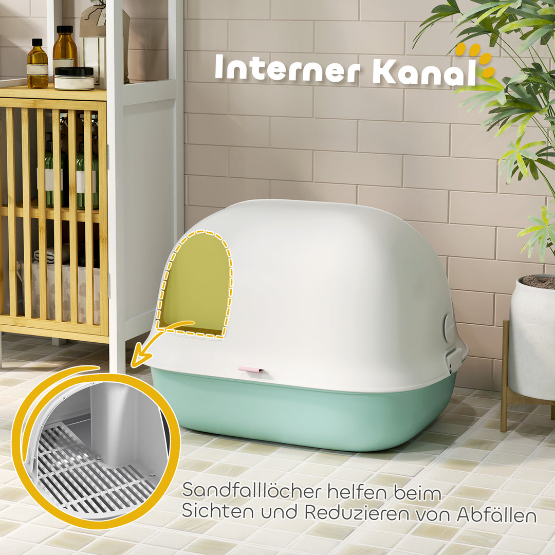 Kattebakke med låg, kattebakke med indvendig kanal, dør, skovl, nem at rengøre, plastik, grøn