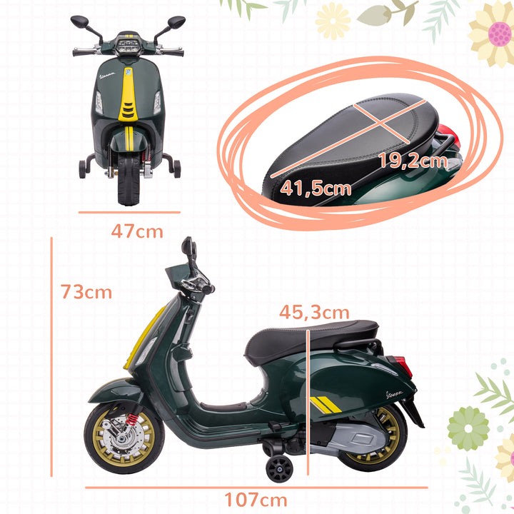 Elektrisk børnemotorcykel, vespa, 3 km/t, 3-6 år, musik, lys og radio, mørkegrøn