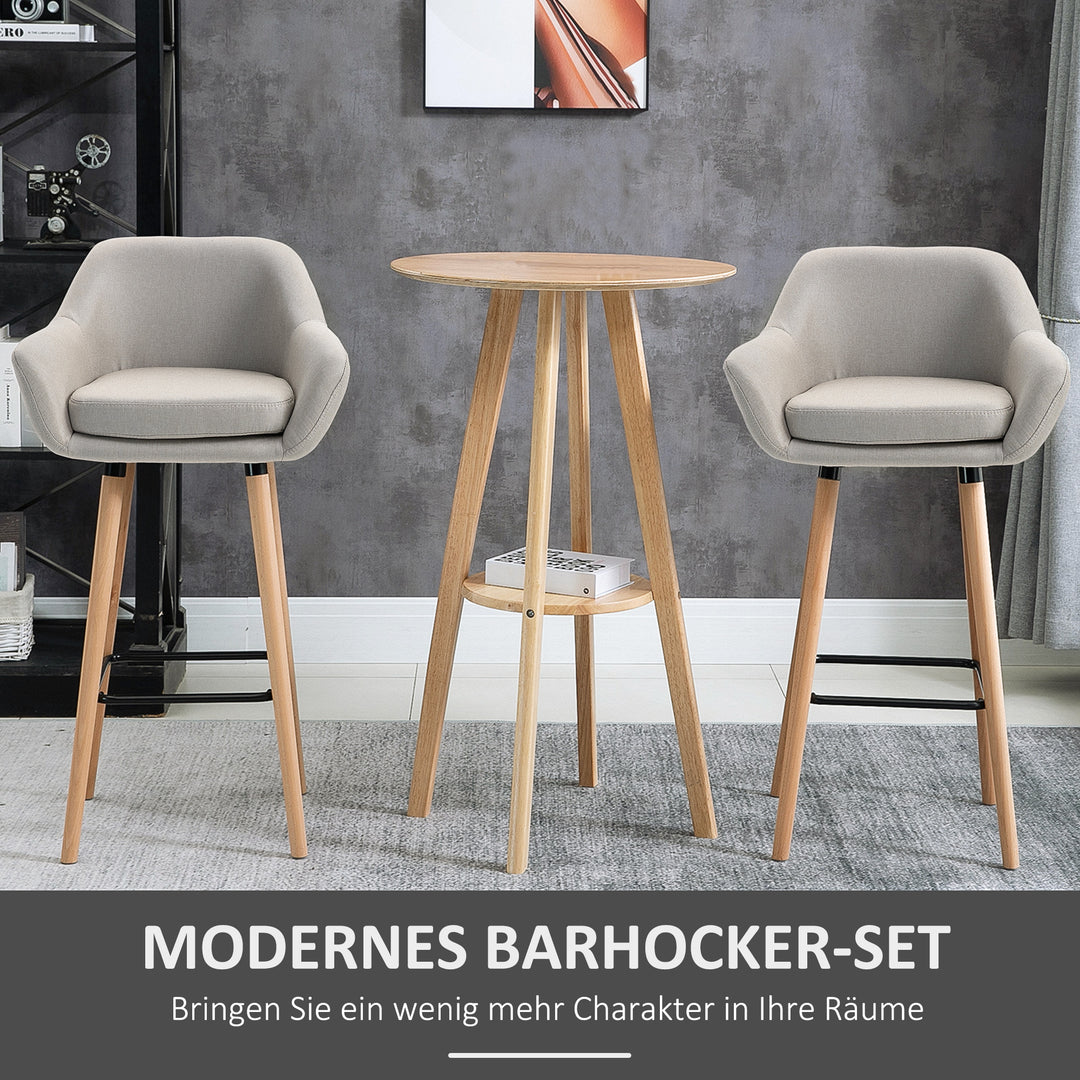 Sæt med 2 barstole, inklusive fodskammel, massivt træ, 55 cm x 48 cm x 100 cm, beige