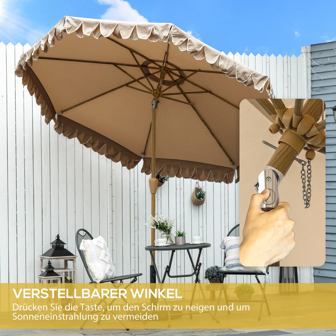 Parasol, med frynser, vipbar, med håndsving, stål+polyester, khaki, Ø264 x 240 cm