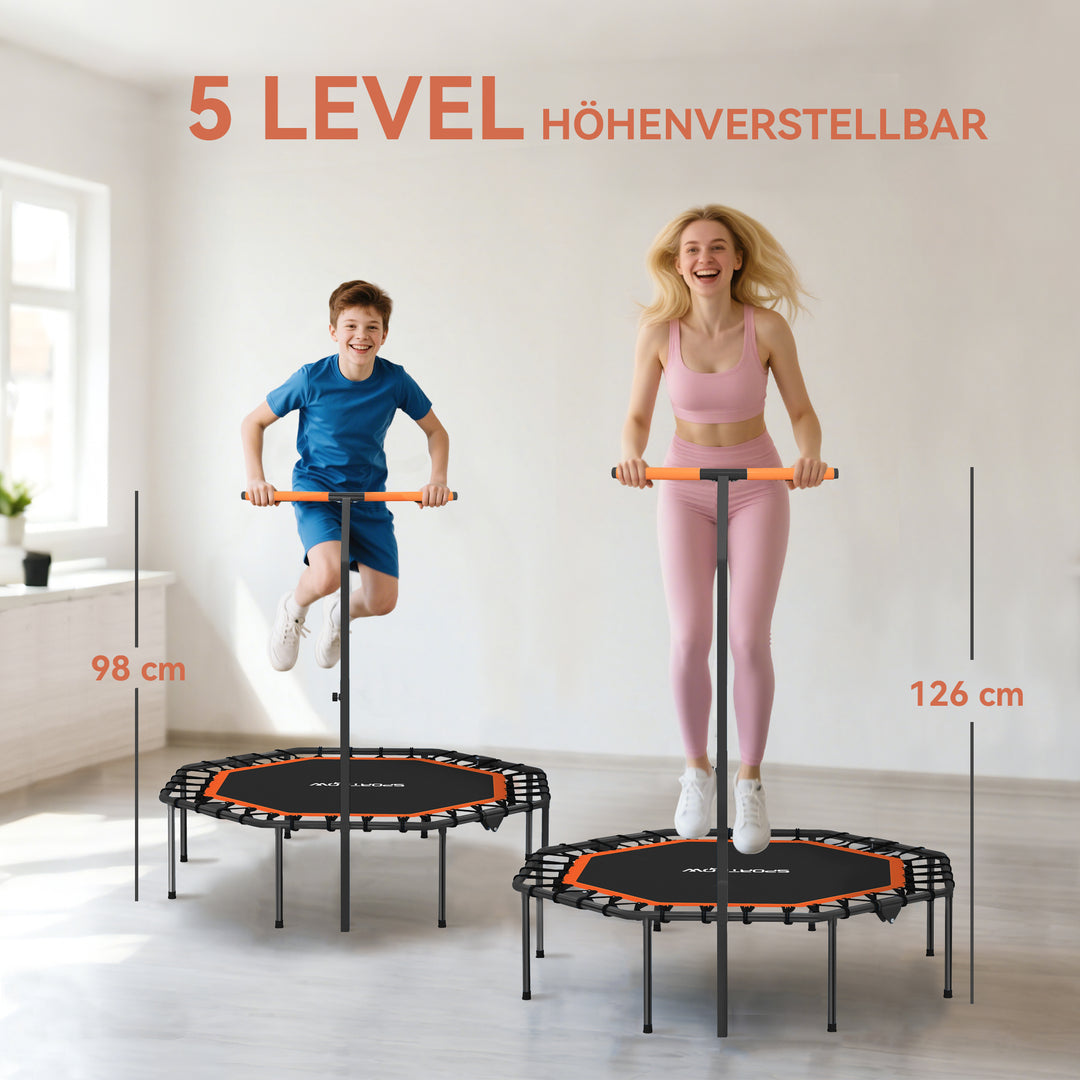 Fitnesstrampolin, træningstrampolin med justerbart håndtag, stabil og støjsvag, til indendørs brug, stål, orange