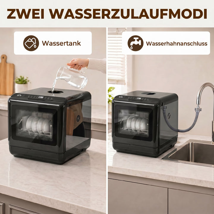 Bordopvaskemaskine med integreret 6-liters vandtank, 5 programmer, 4 kuverter, LED-display, sort