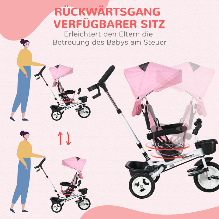 6-I-1 børnetrecykel med skubbehåndtag, kaleche, sele, opbevaringskurv, 18+ måneder, lyserød