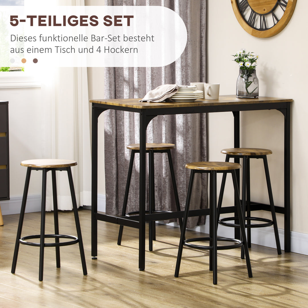 5-Delt barbordssæt i industrielt design, 1 barbord, 4 barstole, siddegruppe, køkkenbordplade, sort + brun