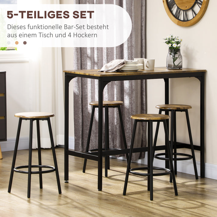 5-Delt barbordssæt i industrielt design, 1 barbord, 4 barstole, siddegruppe, køkkenbordplade, sort + brun