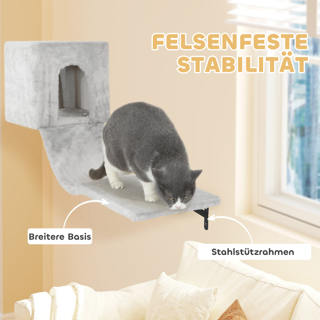 Klatrevæg til katte, 6-delt klatrevægsæt til katte med kattehus, hængekøje, platform og kradsebræt, grå