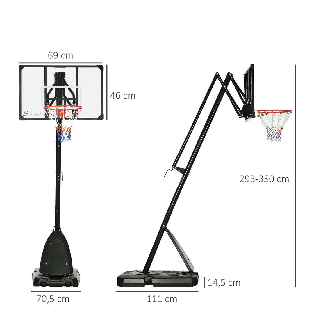 Basketballstativ, justerbar kurvhøjde 2,3-2,9 m, nedre reboundstang, fyldbar base, rød+sort