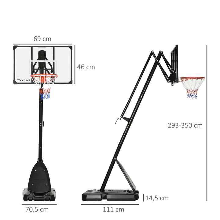 Basketballstativ, justerbar kurvhøjde 2,3-2,9 m, nedre reboundstang, fyldbar base, rød+sort