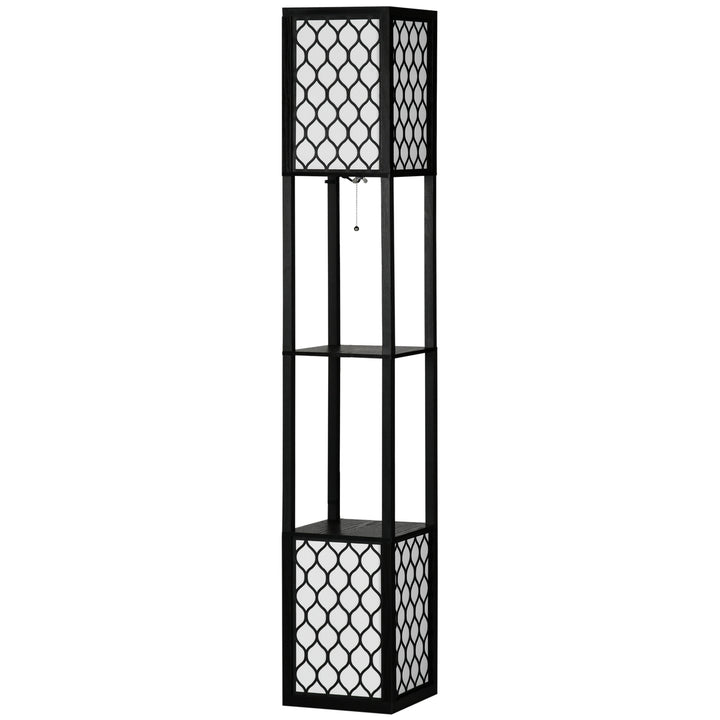Gulvlampe i moderne design, 2 hylder, trækkædeafbryder, 26 cm x 26 cm x 156 cm, sort + hvid