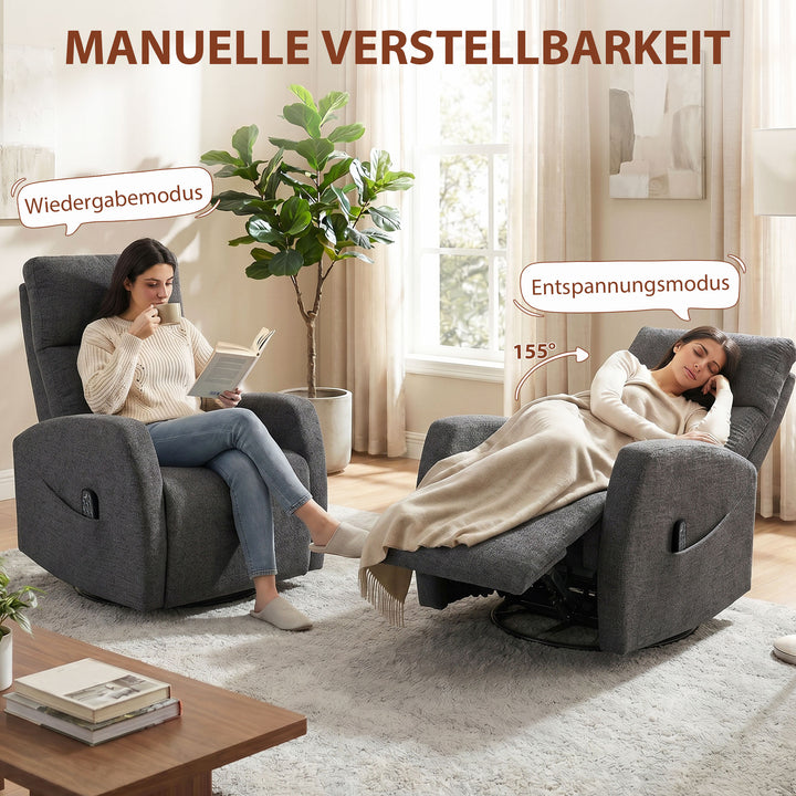 Lænestol med justerbar hældning, drejelig TV-stol med varme- og vibrationsmassage, hældningsfunktion, gyngefunktion, mørkegrå
