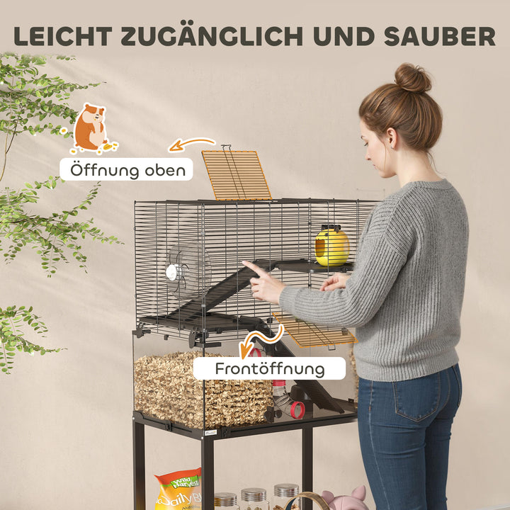 Hamsterbur, indhegning til små dyr med 3 niveauer, løbehjul, bur, platforme, ramper, madskål, vandflaske, tilbehør, stål, plastik, sort