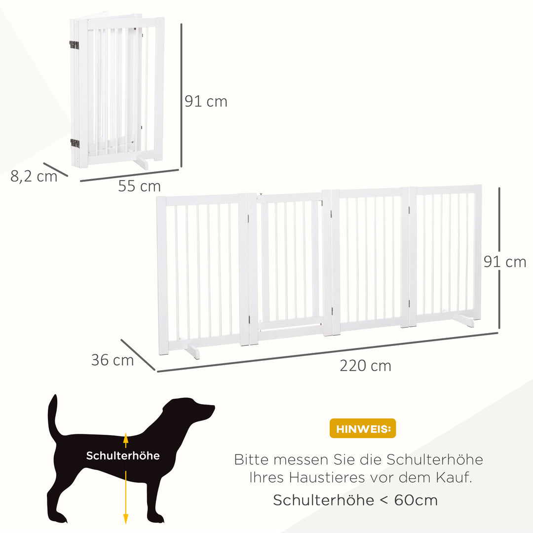 Hundesikkerhedsgitter, sæt med 4 dele, 220 x 91 cm, foldbart, med dør, fritstående hundegitter med 2 støttefødder, trætrappegitter til entré, køkken, trappe, hvid
