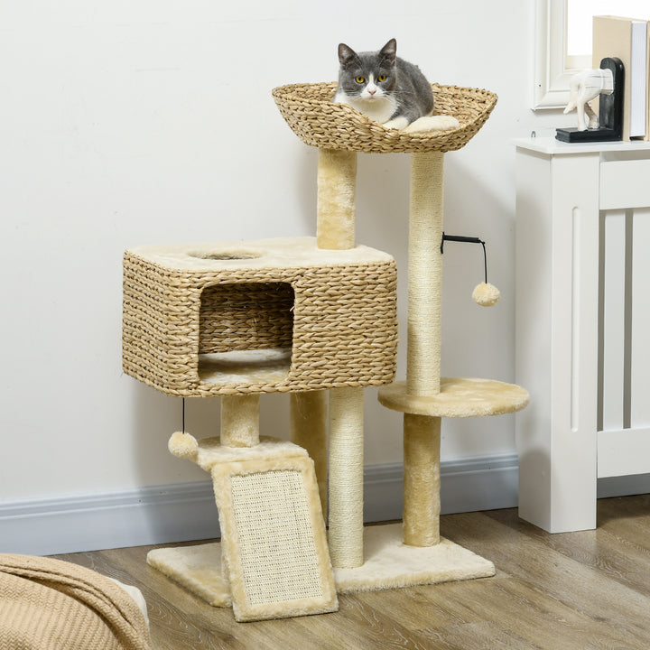 Kradsetræ til katte, 1 kattehule, 1 katteseng, 1 liggeflade, 1 rampe, 60 cm x 40 cm x 98 cm, naturlig + beige