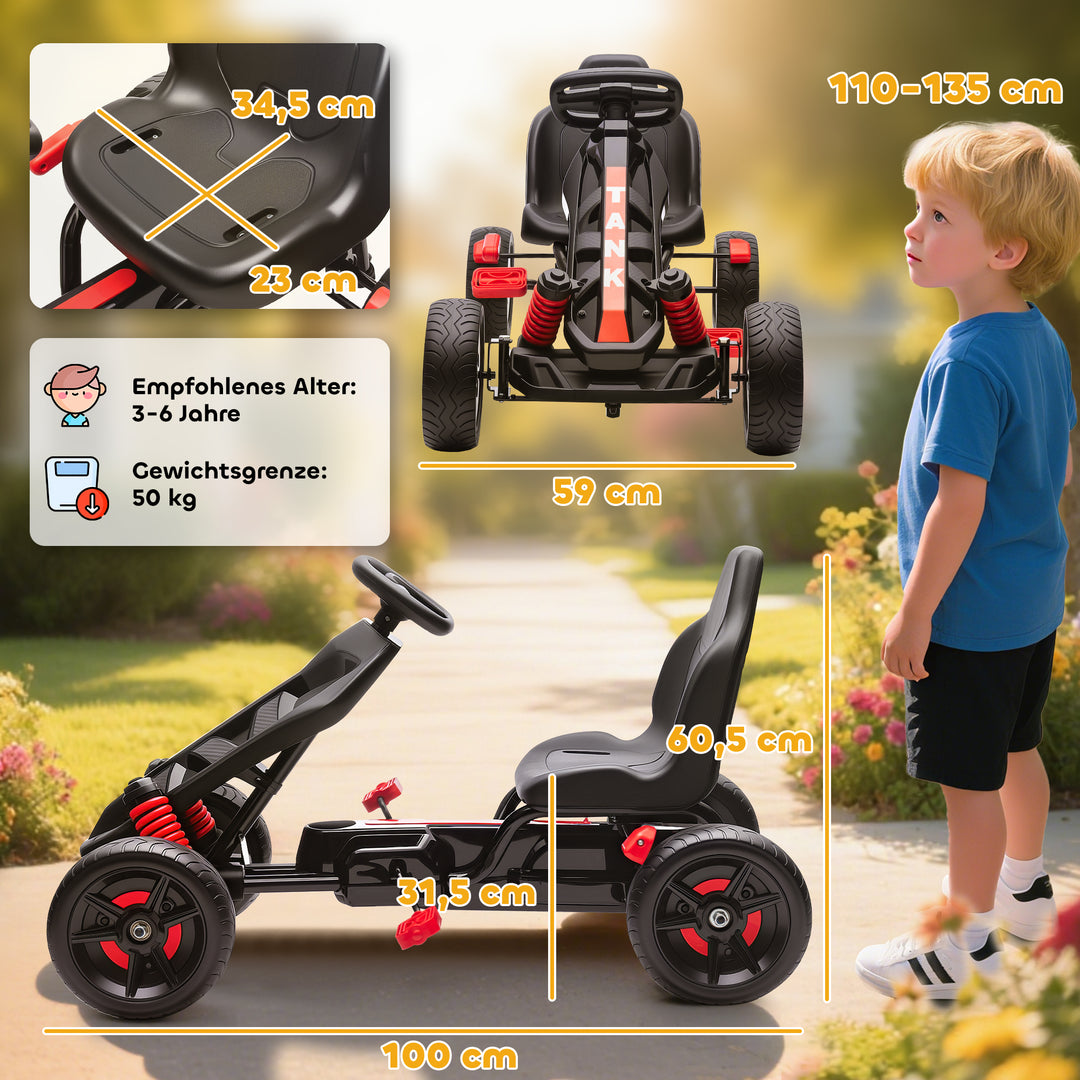 Gokart med pedaler, pedalbil til børn med bremse, skridsikre hjul, metalramme, 3-6 år, rød