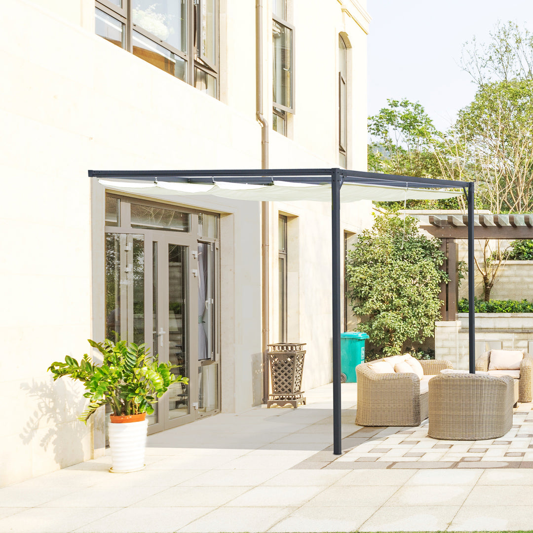 Pergola pavillon 3 x 3 m havepavillon grillpavillon med stoftag terrassetag vejrbestandig vægmonteret metal polyester cremehvid