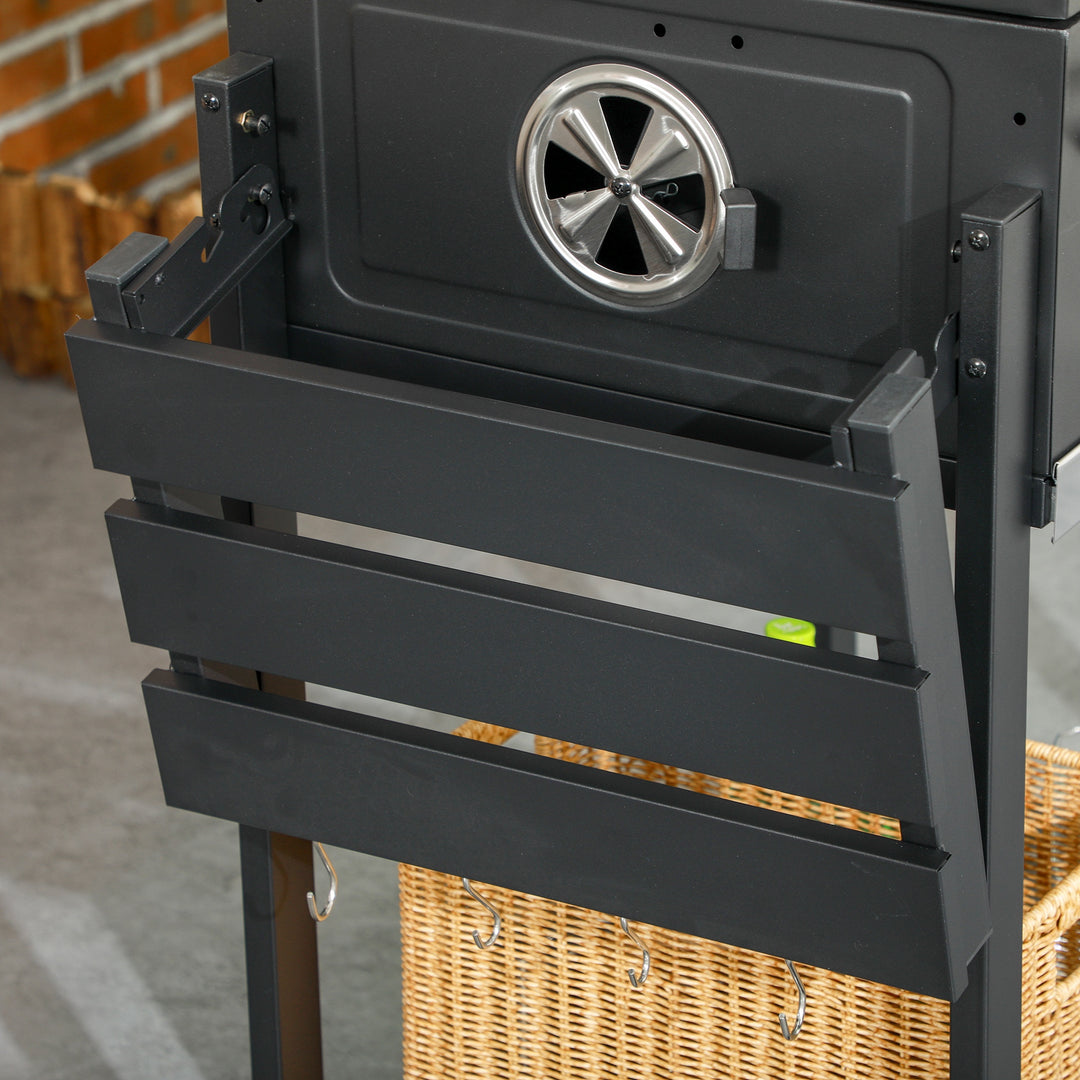 Trækulsgrill med rygeovn, inklusive termometer og flaskeåbner, 120 x 64 x 114 cm, sort