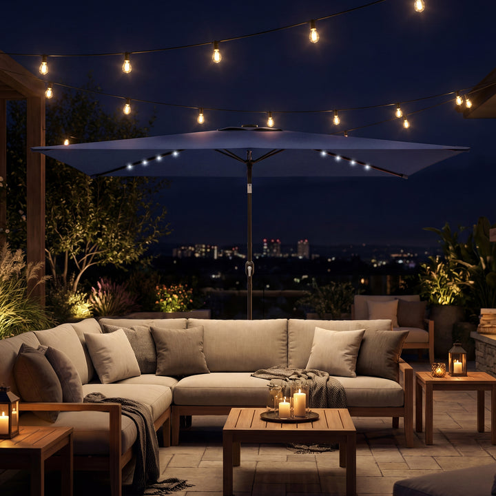 LED solcelleparasol, ca. 300 x 200 cm, vipbar balkonparasol med håndsving, beskyttelsesovertræk, UV-beskyttelse, drejelig, marineblå