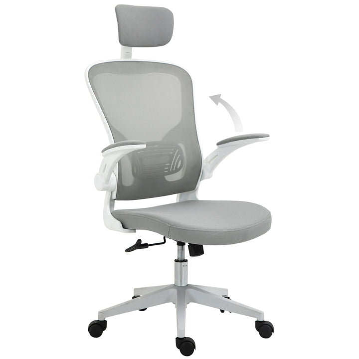 Kontorstol ergonomisk skrivebordsstol med vippefunktion høj ryg lændestøtte nakkestøtte foldbar armlæn hjemmekontor grå 65 x 64 x 114-122 cm
