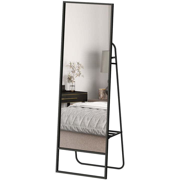 Helfigursspejl, industridesign, baghylde, 2 knager, metalramme, til soveværelse, 157 x 50 cm, sort