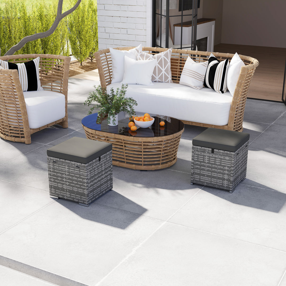 Sæt med 2 rattanstole, opbevaringspuffer med rattan-look, hynder og låg, 120 kg vægtkapacitet, 40x40x41 cm, mørkegrå
