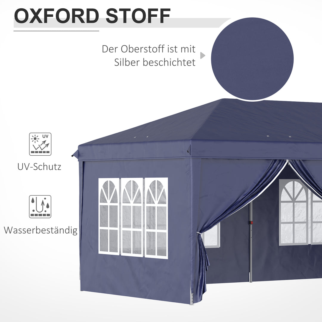 Foldbar pavillon 6 x 3 m, aftagelige sidepaneler, store vinduer, lynlåsdøre, stålramme, blå