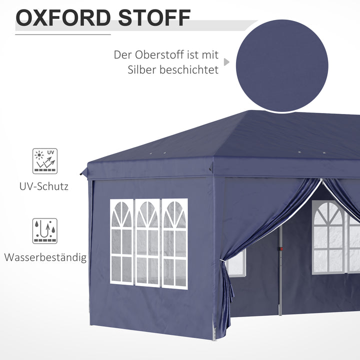 Foldbar pavillon 6 x 3 m, aftagelige sidepaneler, store vinduer, lynlåsdøre, stålramme, blå
