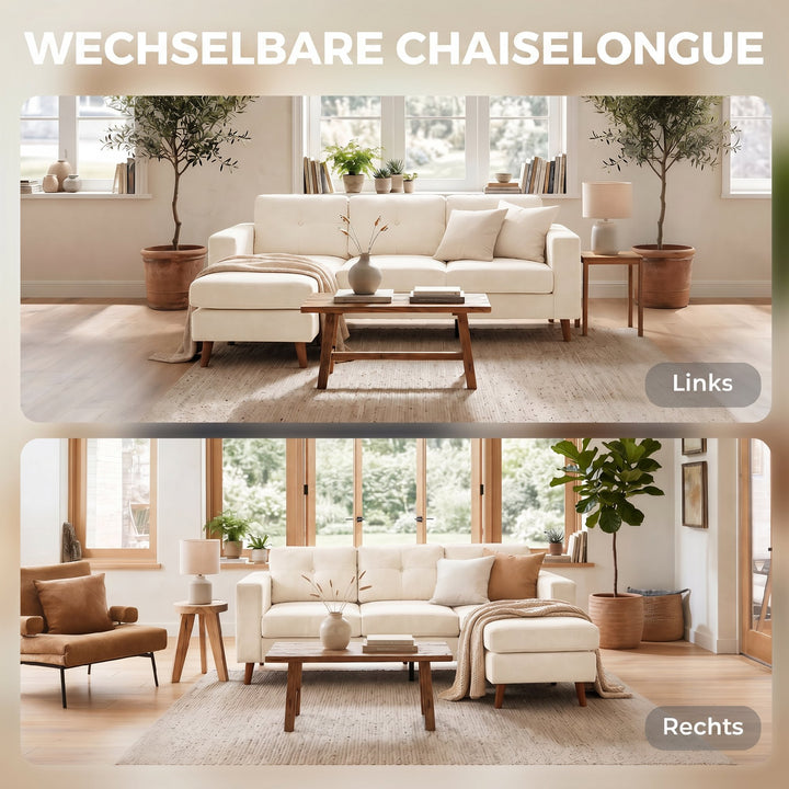 Hjørnesofa 192 cm L-formet 3-personers sofa med vendbar chaiselong, corduroy-look, til små rum, cremehvid
