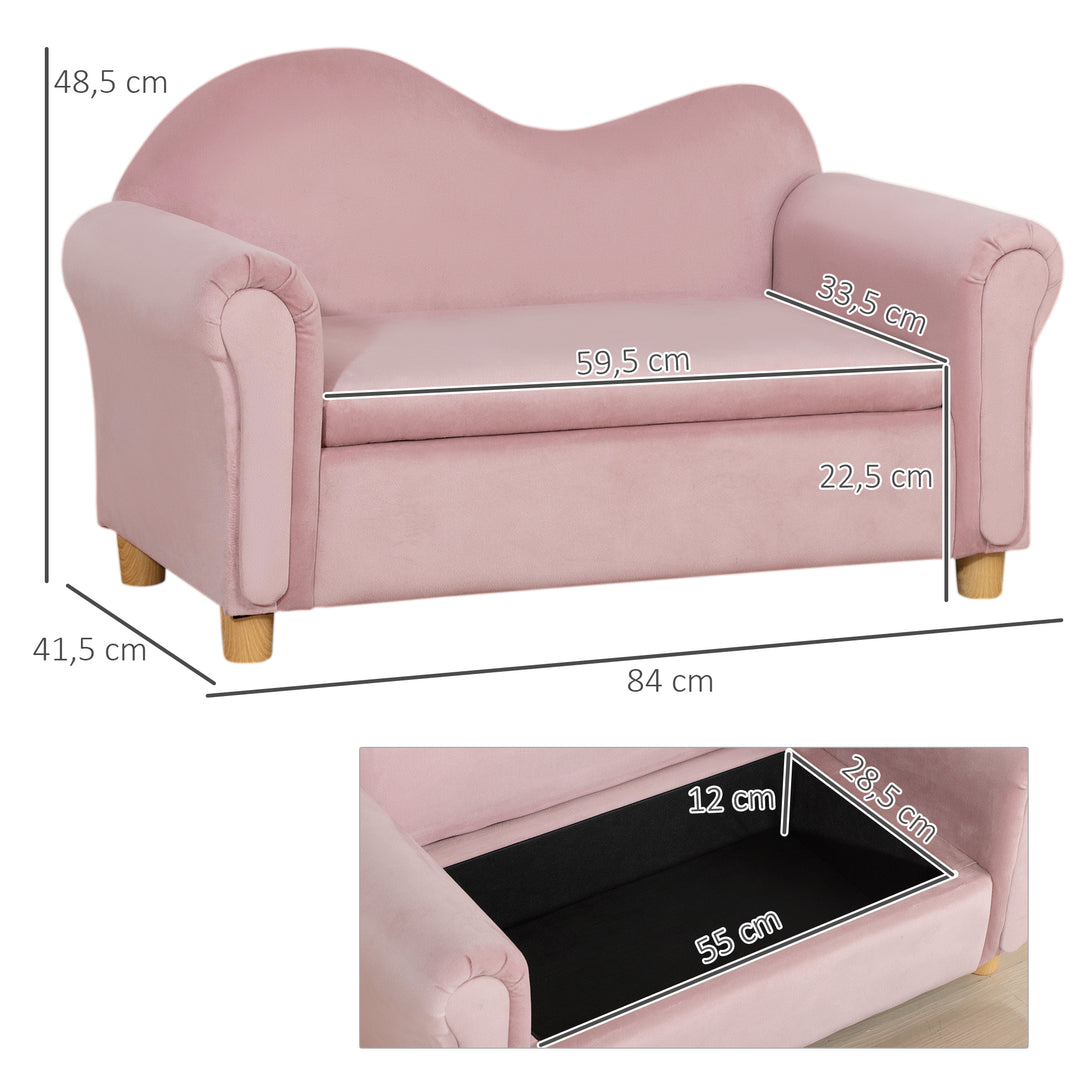 Børnesofa, to-personers til børn 3-5 år, opbevaringsplads, naturtræsstel, 84 x 41,5 x 48,5 cm, lyserød