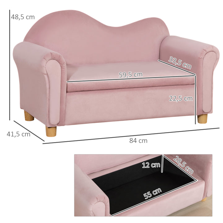 Børnesofa, to-personers til børn 3-5 år, opbevaringsplads, naturtræsstel, 84 x 41,5 x 48,5 cm, lyserød