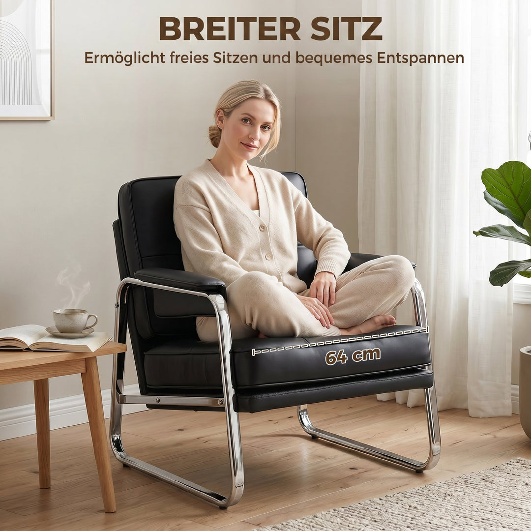 Loungestol med bredt sæde, armlæn, stålben, lavet af kunstlæder til stue, soveværelse, sort