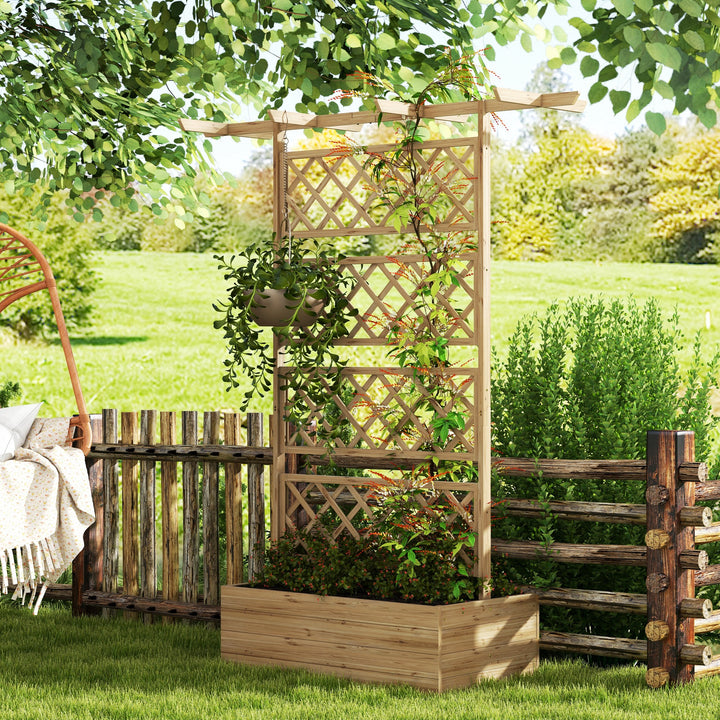 Plantekasse med espalier, firkantet træplantekasse med bagespalier til klatreplanter og tag