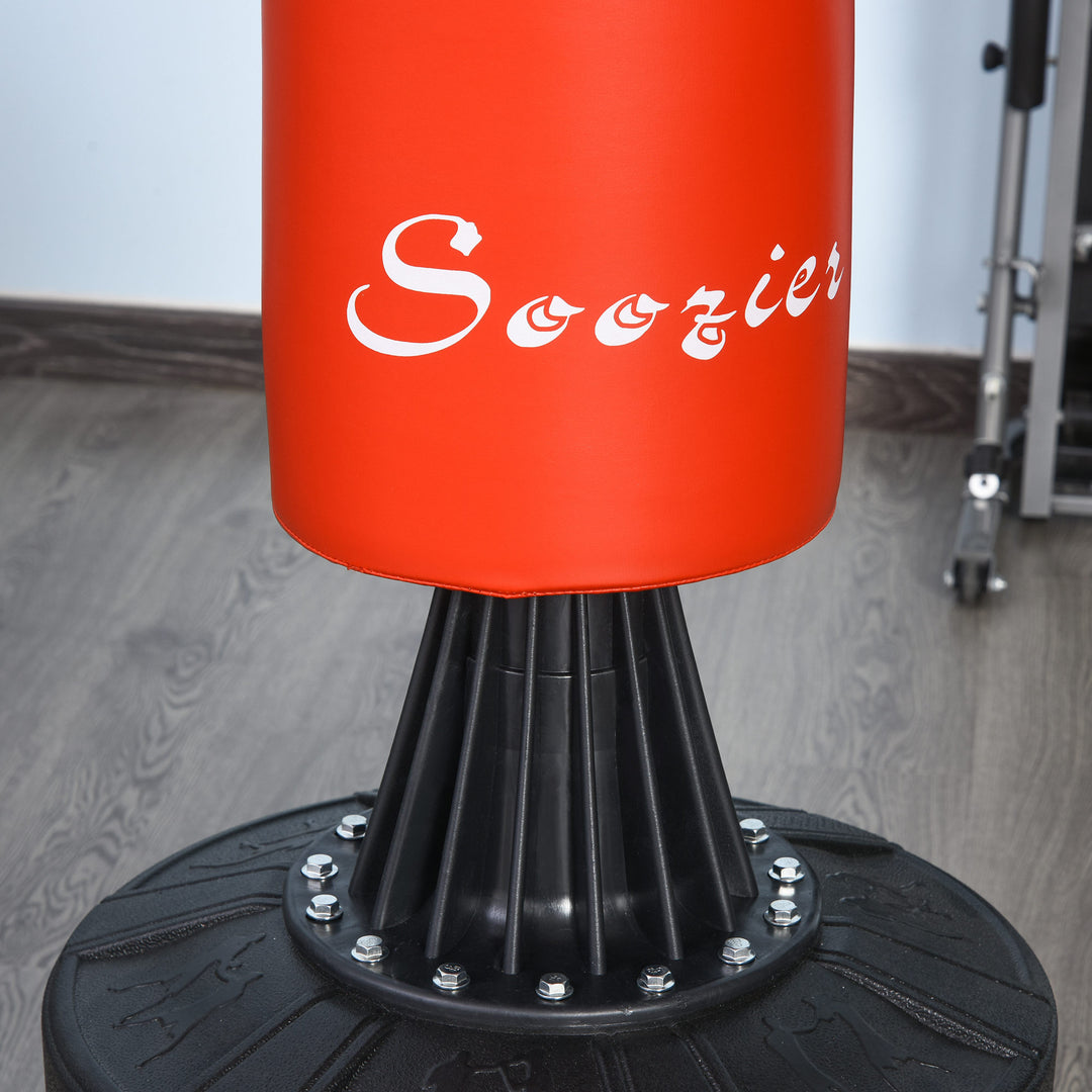 Stående boksesæk boksetræningsredskab med refleksbold, 360° roterende stang, sugekopbase, sand-/vandfyldbar, stående bokseassistent med handsker, luftpumpetræningsboksesæk 88 x 48 x 155-205 cm