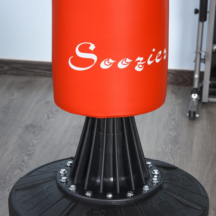 Stående boksesæk boksetræningsredskab med refleksbold, 360° roterende stang, sugekopbase, sand-/vandfyldbar, stående bokseassistent med handsker, luftpumpetræningsboksesæk 88 x 48 x 155-205 cm