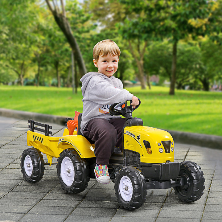 Pedaltraktor med anhænger, værktøj, horn, til børn fra 3 år, metalramme, sort-gul, 133 x 42 x 51 cm