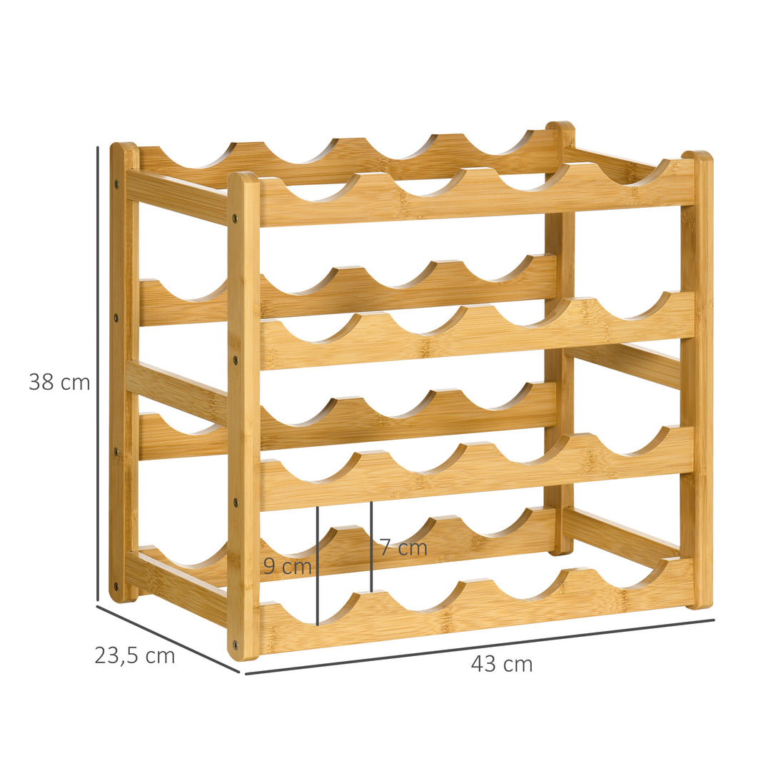 Bambus vinreol til 16 vinflasker, 4 hylder, 43 cm x 23,5 cm x 38 cm naturfarvet