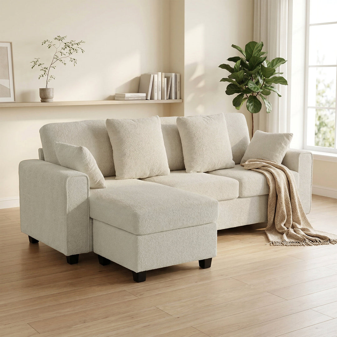 Hjørnesofa med vendbar chaiselong, 3-personers sofa med fløjlslook, bredt og dybt sæde, fjerhynder, beige