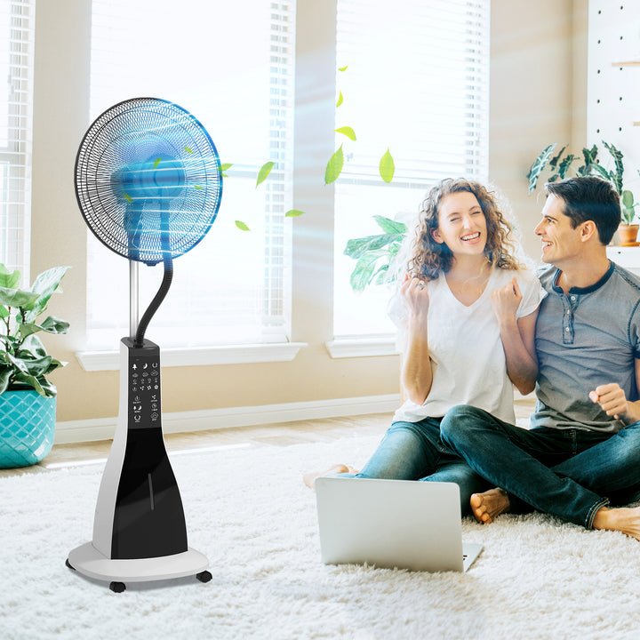 Sokkelventilator med befugtning, støjsvag, bærbar, fjernbetjening, sort/hvid