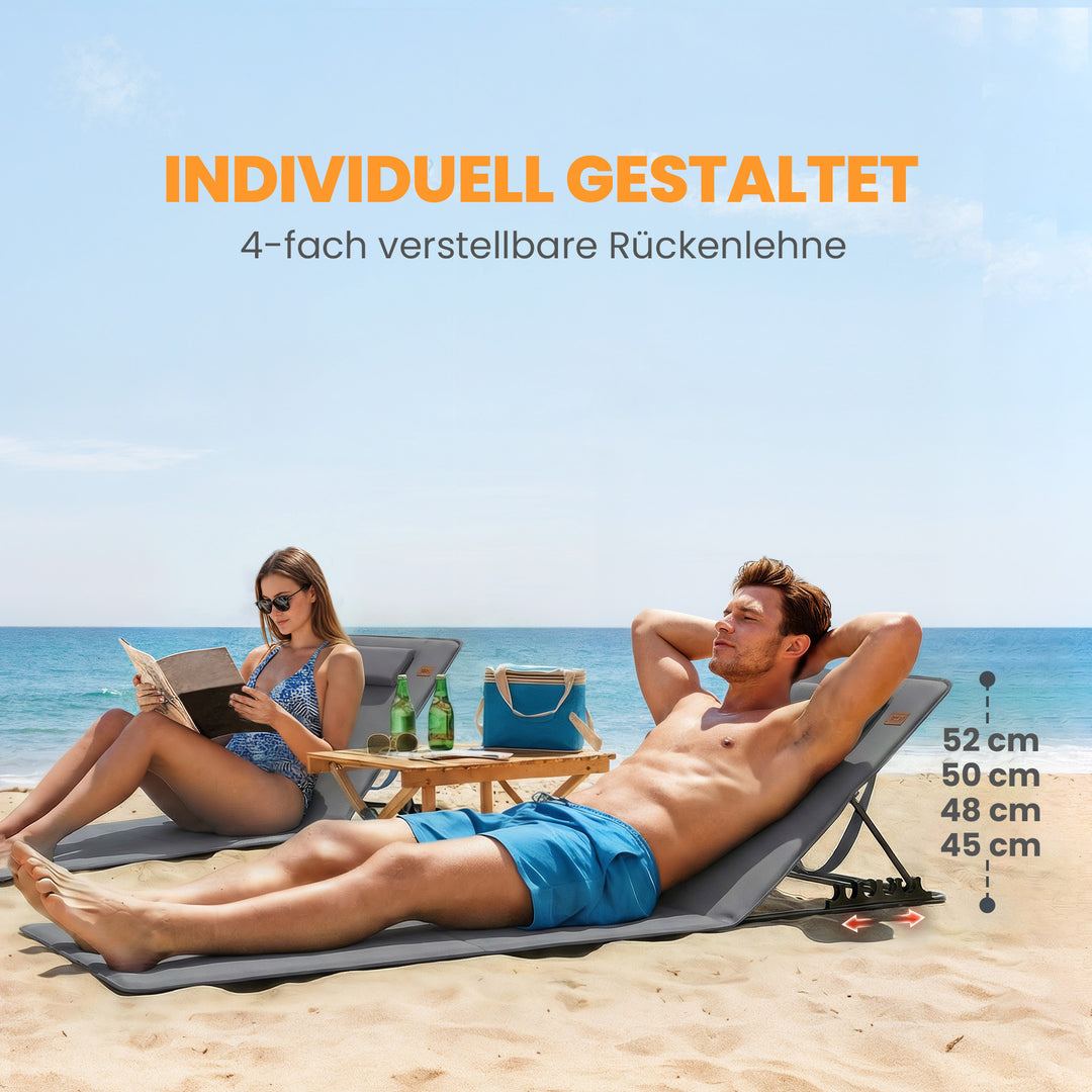 Sæt med 2 strandmåtter med justerbar ryglæn, foldbar, letvægts strandstol med nakkestøtte og opbevaringstaske