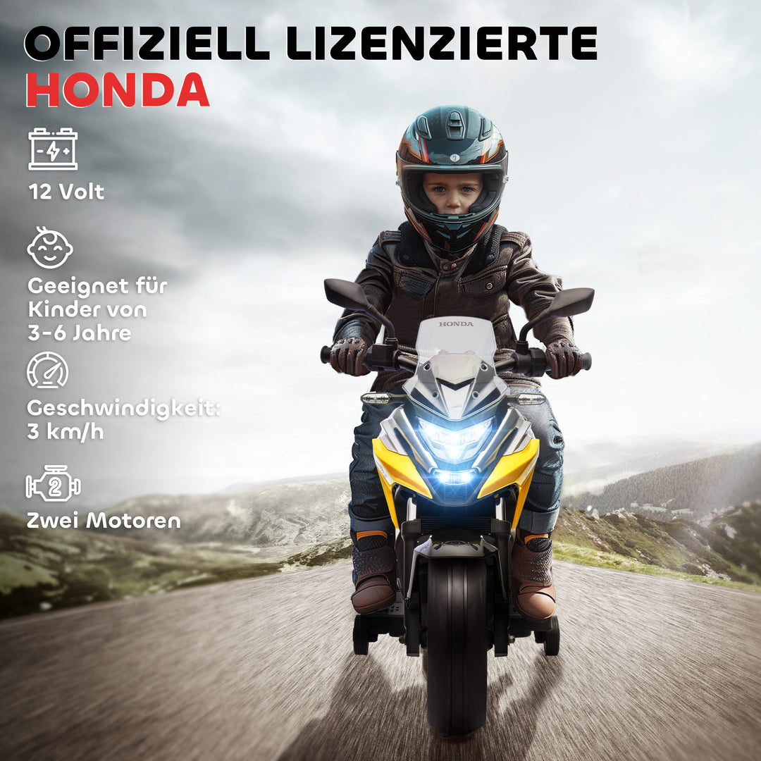 Elektrisk børnemotorcykel, Honda, 3 km/t, musik og lys, 3-6 år, op til 30 kg, gul
