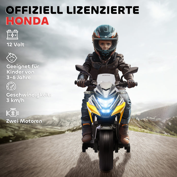 Elektrisk børnemotorcykel, Honda, 3 km/t, musik og lys, 3-6 år, op til 30 kg, gul