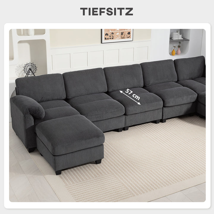 Hjørnesofa, U-formet sofa, sofa med fjederbetræk, polstrede armlæn, bevægelig puf, corduroy, 292x224x85 cm, mørkegrå